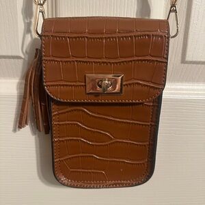 Mellow World Croc-Embossed Crossbody Phone Bag w Faux Suede, Tan, 7.5”x4.5”